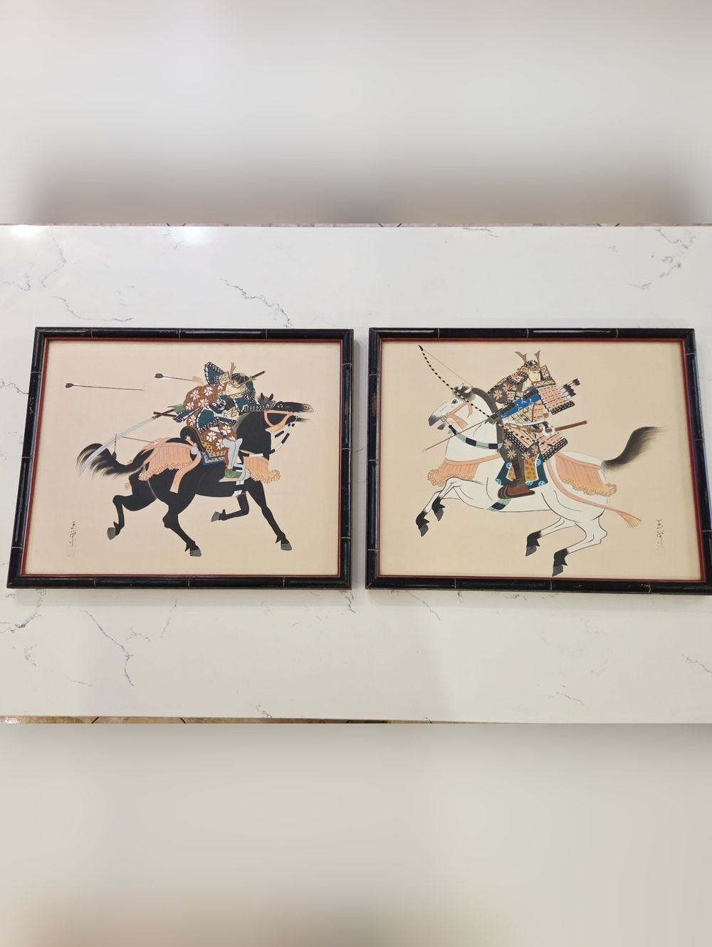 VTG Japanese Samurai Warrior Silk Paintings Pair of Mounted Archers Horseback